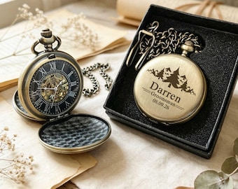 Personalized mechanical double hunter pocket watch -Customized Groomsman Gifts, Wedding Favors