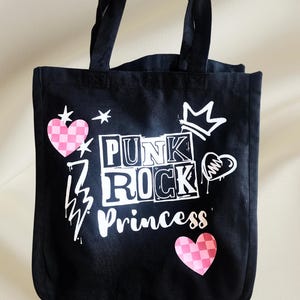 black canvas tote bag, punk rock princess, emo design, punk, checkered heart, reusable bags, bags and totes, pop punk, girl gift