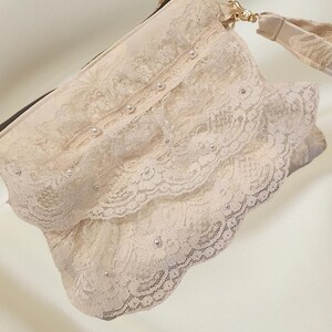 Bolso de mano de encaje color marfil, monedero pequeño con ribete de perlas y encaje, regalo para niña, boda, bolso pequeño, lazo de tela, billetera de mujer