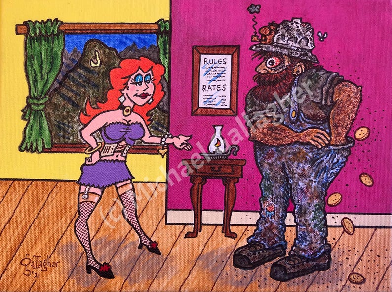 May include: A cartoon illustration of a woman in a purple dress and a man in overalls. The woman is standing on a wooden floor and the man is standing on a pink floor. The man is holding a handful of gold coins. The woman is looking at the man and the man is looking down at the coins. There is a sign on the wall that says 'Rules' and 'Rates'. The illustration is painted in a cartoon style with bright colors.
