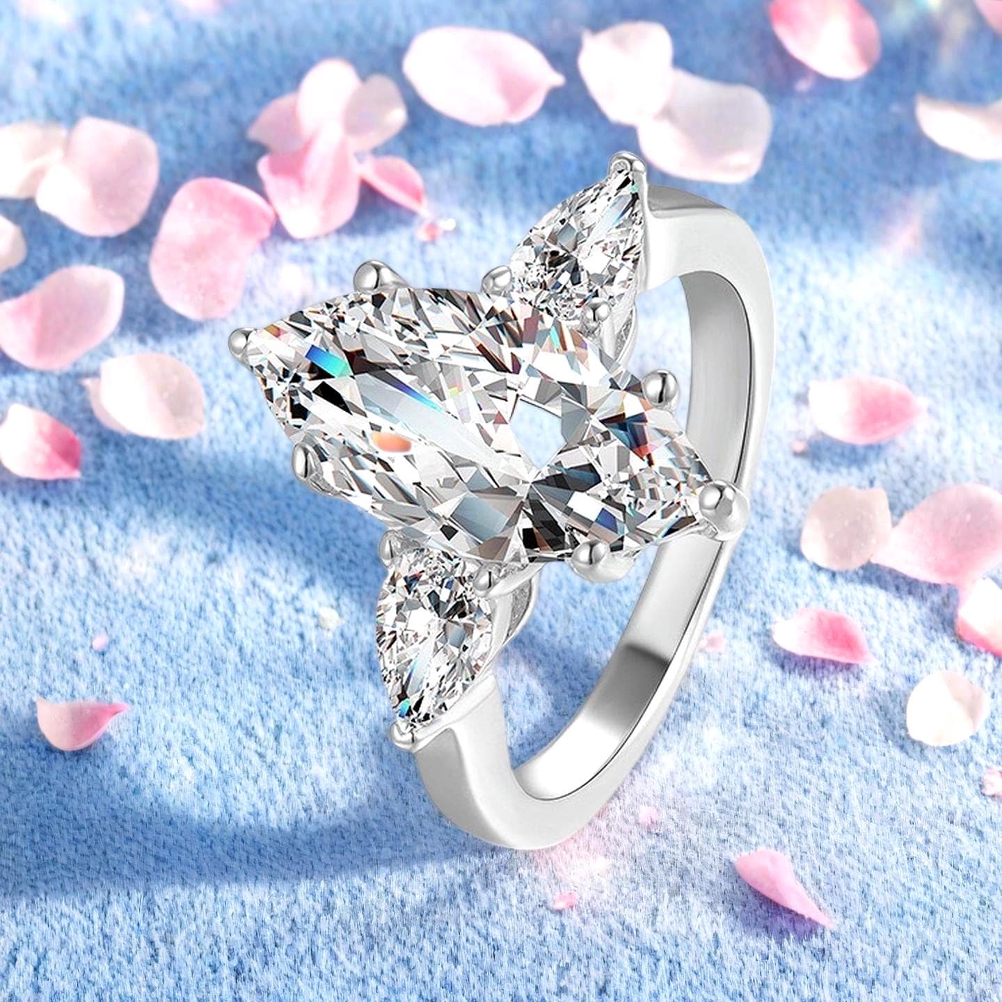 5CT Marquise Cut Simulated Diamond Engagement Ring with Side Stone: Sterling Silver Flower Design