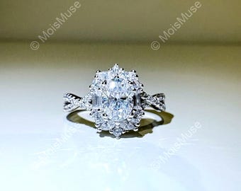 Vintage Oval Cut Moissanite Halo Engagement Ring: Luxury Sterling Silver Boho Promise Ring, Certificate