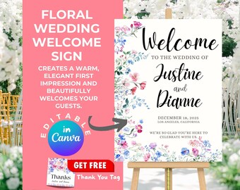 Floral Wedding Welcome Sign, Editable Canva Template (Digital Download)