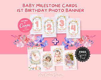 Floral Baby Girl Milestone Cards, 1st Birthday Banner (Digital Download)