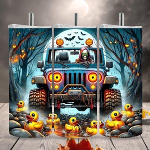 May include: A Halloween-themed tumbler featuring a blue Jeep driven by a skeleton, surrounded by a spooky forest and rubber duckies. The design includes jack-o'-lanterns and bats, creating a festive atmosphere.
