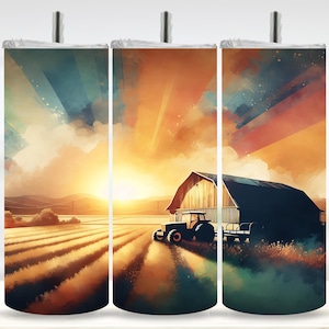 May include: A tumbler featuring a watercolor painting of a farm scene at sunset. The artwork depicts a barn, tractor, and fields bathed in warm orange and yellow hues, with a blue sky.