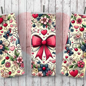Cute Bow and Cherry Bow Tumbler Wrap, Retro Floral Hearts Sublimation PNG for 20oz Skinny Tumblers Digital Download, Coquette Bow Floral Art