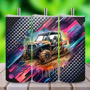 May include: Three stainless steel tumblers with a colorful design featuring a black and orange off-road vehicle. The design includes splashes of pink, blue, and green paint. The tumblers have a black and white checkered pattern on the bottom.