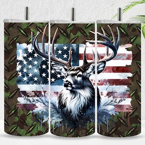 Patriotic Outdoorsman Deer Tumbler Wrap 20oz Sublimation PNG American Flag Buck Antlers Camo Background Rustic Country Hunting Gift for Men