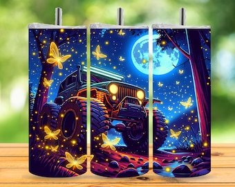 Off-Road 4x4 Moonlight 20oz Tumbler Sublimation Firefly Night Scene PNG Wrap Overland Forest Glow Digital Download Fireflies Under Full Moon