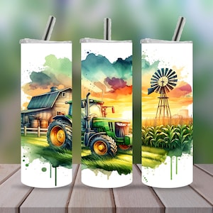 Puede incluir: Tres vasos de acero inoxidable de 20 oz con diferentes diseños de acuarela. El primer vaso presenta un tractor verde en un campo con un granero rojo. El segundo vaso presenta una puesta de sol sobre un campo con un tractor verde. El tercer vaso presenta un molino de viento en un campo con una puesta de sol.