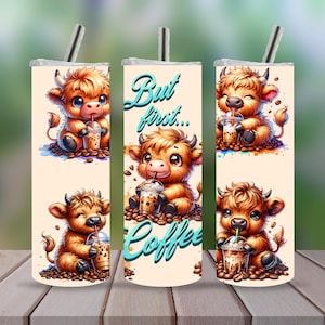 Mignon bébé vache Highland gobelet maigre 20 oz sublimation Design téléchargement numérique PNG NUMÉRIQUE instantané UNIQUEMENT, emballage de verre drôle amateur de café
