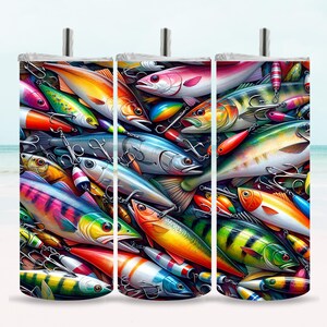 Colorful Fishing Lures 20oz Skinny Tumbler Wrap PNG – Vibrant Sublimation Design, Angler Gift, Digital Download for Fishermen & Outdoorsmen
