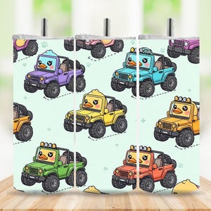May include: A tumbler featuring a repeating pattern of cartoon jeeps with duck faces in various colors, including purple, blue, yellow, and orange, set against a light green background. The design includes black tires and a black roll bar.