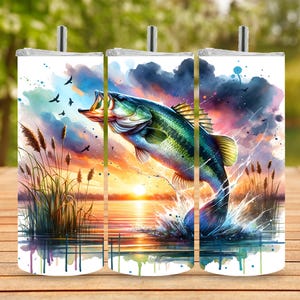Bass Fishing Tumbler Wrap PNG - 20oz Skinny Sublimation with Jumping Largemouth & Watercolor Sunrise Scene | Gift for Fisherman Dad Idea