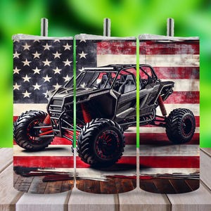 Patriotic Off-Road Power Meets Patriot Pride 20oz UTV Tumbler for Side-by-Side, American Flag Background Gift for Off-Road 4x4 Enthusiasts