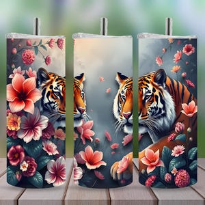 Floral Tiger Wall Art 20 oz Skinny Tumbler Sublimation Design Digital Download PNG Instant DIGITAL ONLY, Tumbler Wrap