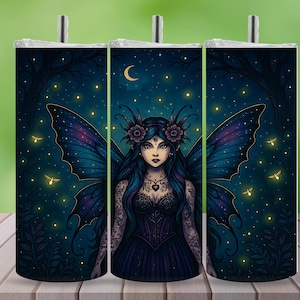 Gothic Fairy 20oz Skinny Tumbler PNG Wrap | Dark Fantasy Sublimation Design | Enchanted Forest Fairycore Digital Download for Tumblers
