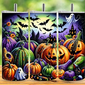 May include: Halloween-themed tumbler featuring a vibrant illustration of pumpkins, bats, and a haunted house. The design includes jack-o'-lanterns, ghosts, and a variety of colorful gourds. The tumbler is a perfect accessory for the spooky season.