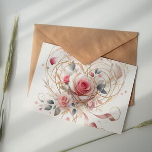 Pode incluir: Um cartão de felicitações com um design floral em aquarela com rosas cor-de-rosa, detalhes dourados e um envelope castanho. O design do cartão inclui uma forma de coração e elementos decorativos.