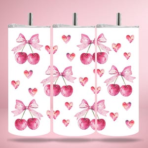 Cherry Bow Valentine Tumbler Wrap - 20oz Skinny Sublimation Design - Romantic Watercolor Hearts PNG - Straight Seamless Digital Download