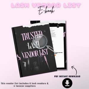 Może przedstawiać: Czarno-biała okładka ebooka z tytułem "Trusted Lash Vendor List" w różowym kolorze. Okładka zawiera lupę i różne narzędzia do rzęs i pęset. Tekst "PDF Instant Download" znajduje się na dole okładki.