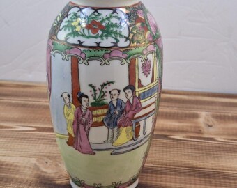 Chinese Red Dragon Stamp Family Rose Porcelain Vase Vtg 6" X 3" Floral Bird Deco