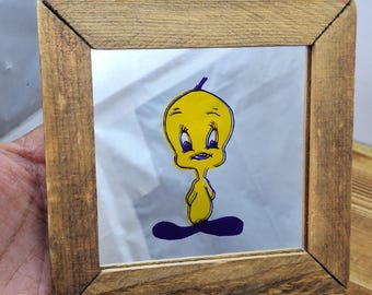 Vintage Mid Century Yellow Tweety Bird Painted On Mirror wood frame 5"
