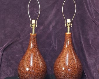 Pair Vintage Ceramic Table Lamps Orange Red Brown Retro  Lava Glaze 34" McM X2