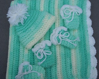 Baby Blanket Set, Newborn Blanket Set, Soft Mint Blue Green Baby Blanket, Mint Blanket Hat Mittens Booties, Baby Blanket, Mint Newborn Set