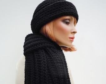 Men Hat Scarf Set, Dark Black Hat Scarf, Black Hat Scarf, Crochet Hat Scarf, Mens Black Hat Scarf, Winter Hat and Scarf