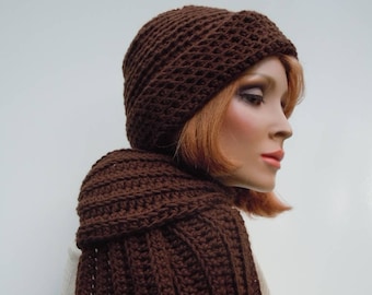 Men Hat Scarf Set, Dark Brown Hat Scarf, Espresso Brown, Crochet Hat Scarf, Mens Brown Hat Scarf, Winter Hat and Scarf