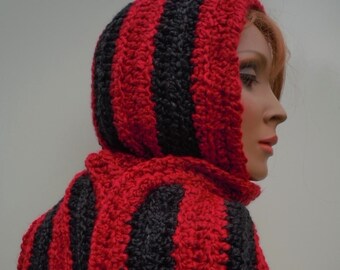 Candy Apple Hooded Scarf, Red and Black Hooded Scarf, Red and Black Pixie Hood, Hat and Scarf, Crochet Hat and Scarf