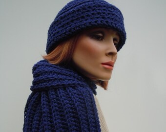 Men Hat Scarf Set, Dark Blue Hat Scarf, Navy Blue, Crochet Hat Scarf, Mens Blue Hat Scarf, Winter Hat and Scarf