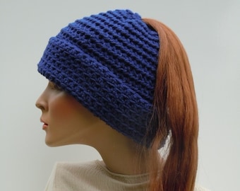 Ponytail Hat, Messy Bun Hat, Denim Blue Hat, Navy Blue Hat, Blue Messy Bun Hat, Hat For Long Hair, Winter Beanie, Cold Weather Hat