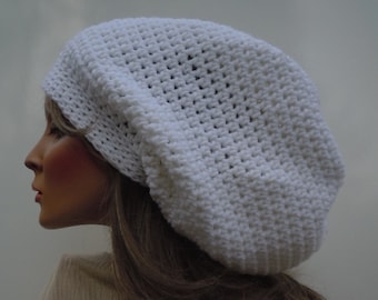 White Slouchy Beanie, Hippe Beanie, Oversized Slouchy, Dreadlock Tam, Long Stocking Cap, Rasta Tam, Snood, Snow White Hat, White Hat