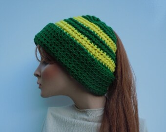 Ponytail Hat, Messy Bun Hat, Green and Yellow Hat, Dark Green Gold Hat, Green Messy Bun Hat, Hat For Long Hair, Winter Beanie
