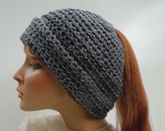 Ponytail Hat, Messy Bun Hat, Shades of Gray Hat, Gray Messy Bun Hat, Hat For Long Hair, Winter Beanie, Gray Hat, Cold Weather Hat