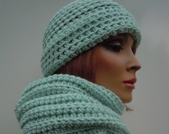 Pale Green Hat Scarf Set, Light Green Hat Scarf, Crochet Hat Scarf, Women Hat Scarf, Winter Hat and Scarf, Cold Weather Set