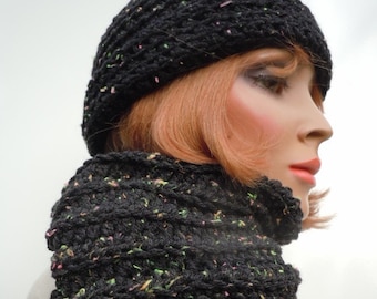 Hat and scarf set, black gray hat scarf, womens hat scarf, cold weather set, neon colors, warm hat and scarf, crochet hat scarf
