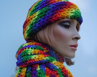 Hat and Scarf Set, Bright Colors Slouch Hat and Scarf, Rainbow Colors, Primary Colors set, Crocheted Hat and Scarf, Womens Hat and Scarf