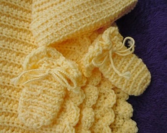 Newborn Baby Set, Crocheted Baby Blanket Set, Newborn Blanket Set, Yellow Baby Blanket and Hat Set, Baby Blanket
