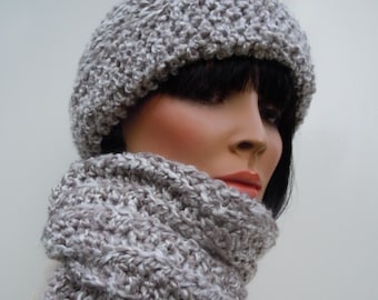 White Gray Hat Scarf Set, Clouds Hat Scarf, Crochet Hat Scarf, Women Hat Scarf, Winter Hat and Scarf, Cold Weather Set, Beanie Scarf Set