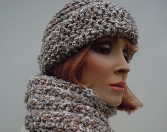 Gray White Tan Hat Scarf Set, Gray Hat Scarf, Crochet Hat Scarf, Women Hat Scarf, Winter Hat and Scarf, Cold Weather Set, Beanie Scarf Set
