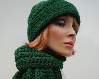 Men Hat Scarf Set, Dark Green Hat Scarf, Hunter Green, Crochet Hat Scarf, Mens Green Hat Scarf, Winter Hat and Scarf