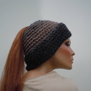 Ponytail Hat, Messy Bun Hat, Taupe and Black Hat, Taupe Messy Bun Hat, Hat For Long Hair, Winter Beanie, Taupe Hat, Cold Weather Hat
