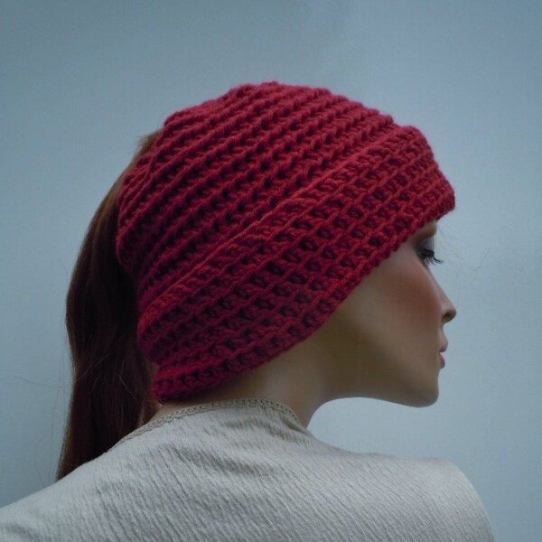 Ponytail Hat, Messy Bun Hat, Cranberry Red Hat, Hat For Long Hair, Winter Beanie, Red Messy Bun Hat, Cold Weather Hat, Dark Red Hat