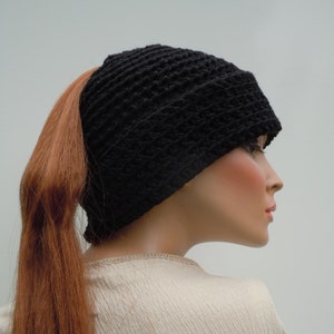 Ponytail Hat, Messy Bun Hat, Black Hat, Hat For Long Hair, Winter Beanie, Black Messy Bun Hat, Cold Weather Hat