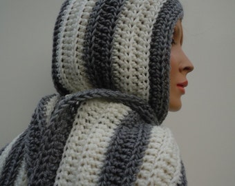 Hooded Scarf, Slate Gray and White Set, Scoodie, Gray and White Hood, Hat and Scarf Set, Crochet Hood