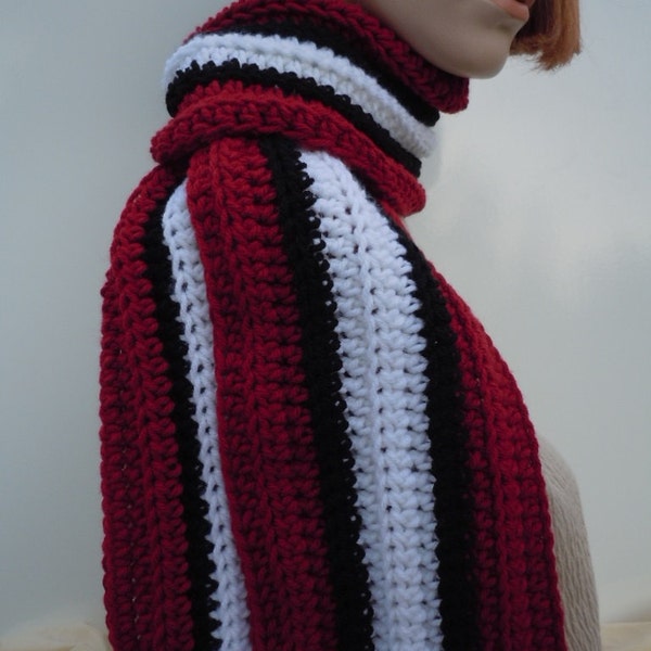 Sports Team Inspired Sports Scarf, Red Black White Crocheted Scarf - Football Team Colors Scarf, College Team Scarf - Unisex Scarf